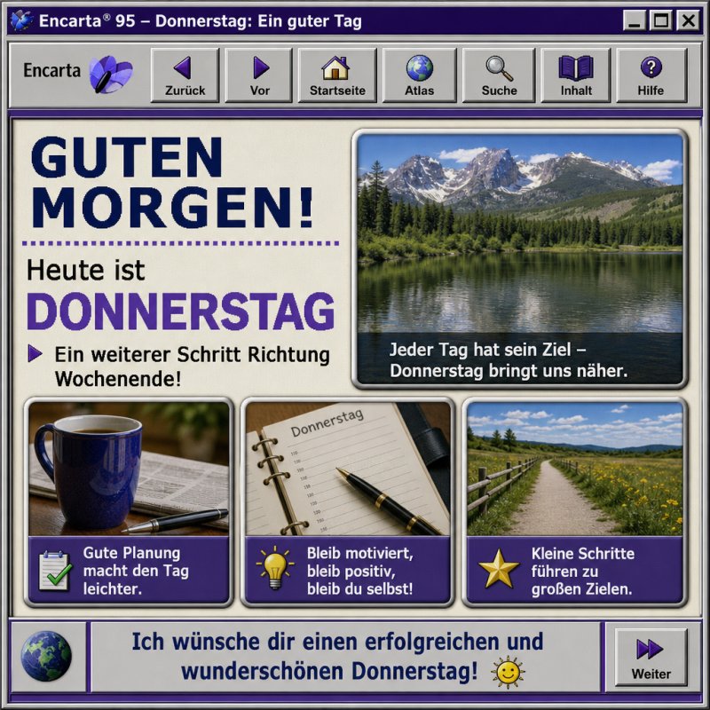 Ein stilvoller Guten-Morgen-Gruß zeigt eine Berglandschaft, eine Kaffeetasse und ein Notizbuch vor Retro-Hintergrund im Stil der 90er Jahre.