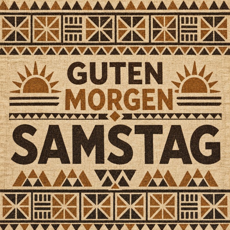 Eine Guten-Morgen-Grußkarte im Ethno-Stil zeigt geometrische Muster und stilisierte Sonnen auf einem beigen Hintergrund für Samstag.