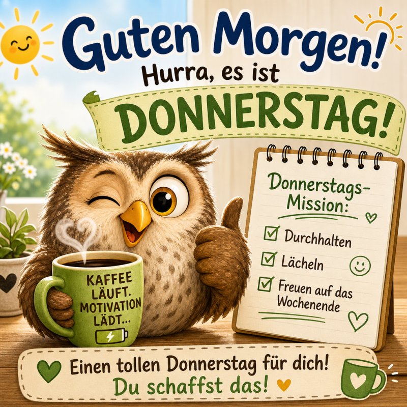 Ein fröhlicher Morgen mit einer lächelnden Eule, die eine Kaffeetasse hält, und einem Notizblock mit einer Donnerstags-Mission als Guten-Morgen-Gruß.