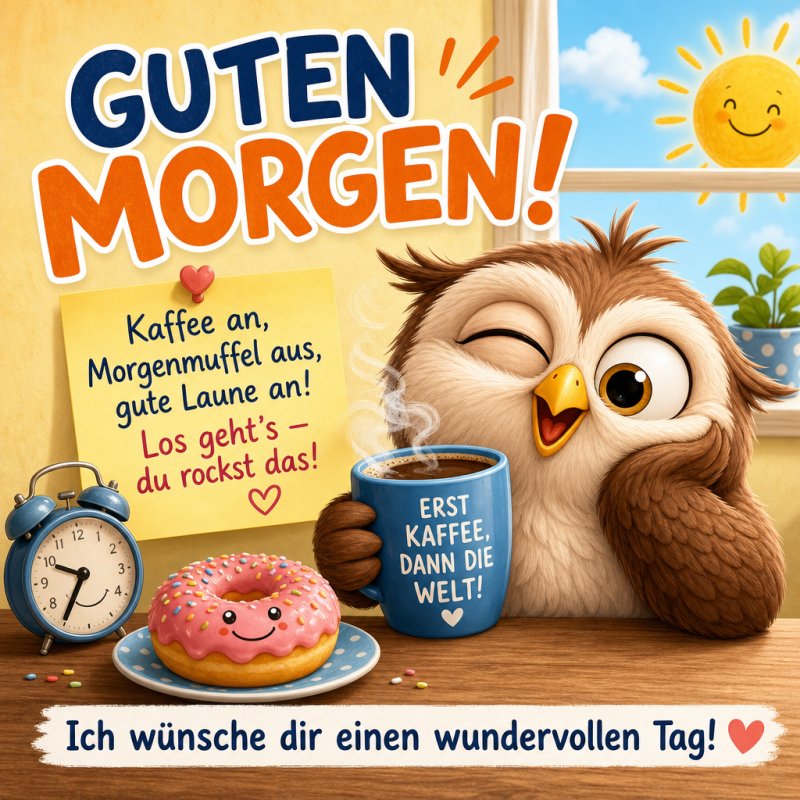 Eine fröhliche Eule zwinkert neben einem rosa Donut und einem Wecker, während ein freundlicher Guten-Morgen-Gruß an der Wand prangt.