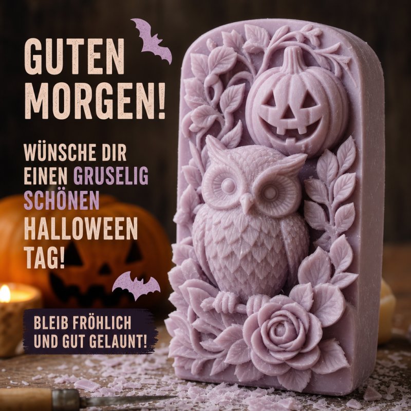 Ein filigranes Relief mit einer Eule und einem Kürbis als Halloween-Dekoration für einen freundlichen Guten-Morgen-Gruß.