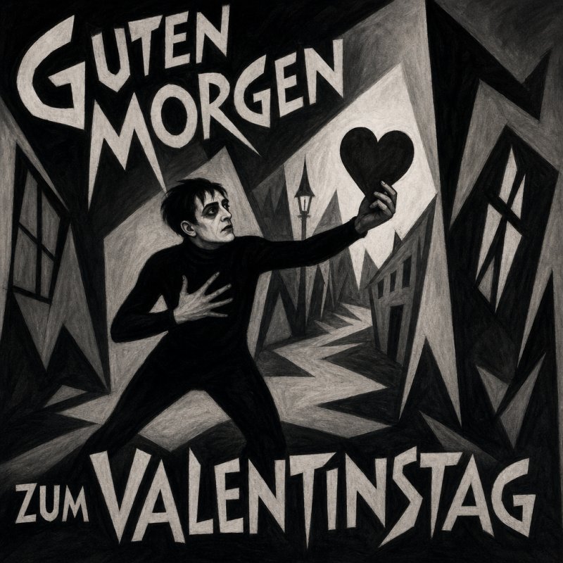 Ein expressionistisches Bild zeigt eine düstere Straßenszene mit einem Mann, der ein Herz präsentiert, und dem Schriftzug 'Guten Morgen' zum Valentinstag.