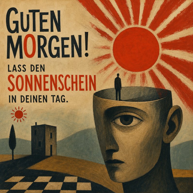 Ein surrealistisches Bild zeigt eine Person auf einem Kopf unter einem strahlenden Sonnenaufgang, begleitet von einem Guten-Morgen-Gruß.