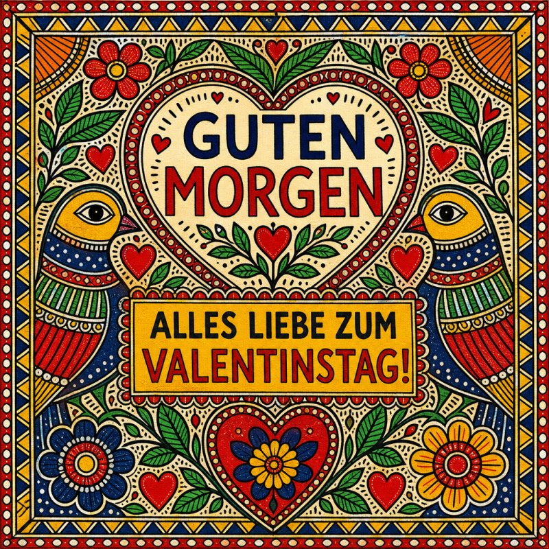 Bunte Papageien und florale Muster umrahmen die Valentinstagsbotschaft auf dieser verspielten Guten-Morgen-Grußkarte mit Herzmotiv.