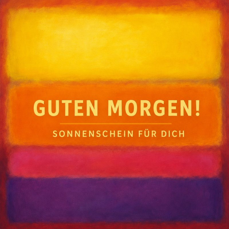Ein farbenfroher Sonnenaufgang in Gelb- und Orangetönen mit dem Schriftzug 'Guten Morgen! Sonnenschein für dich' als herzlicher Guten-Morgen-Gruß.