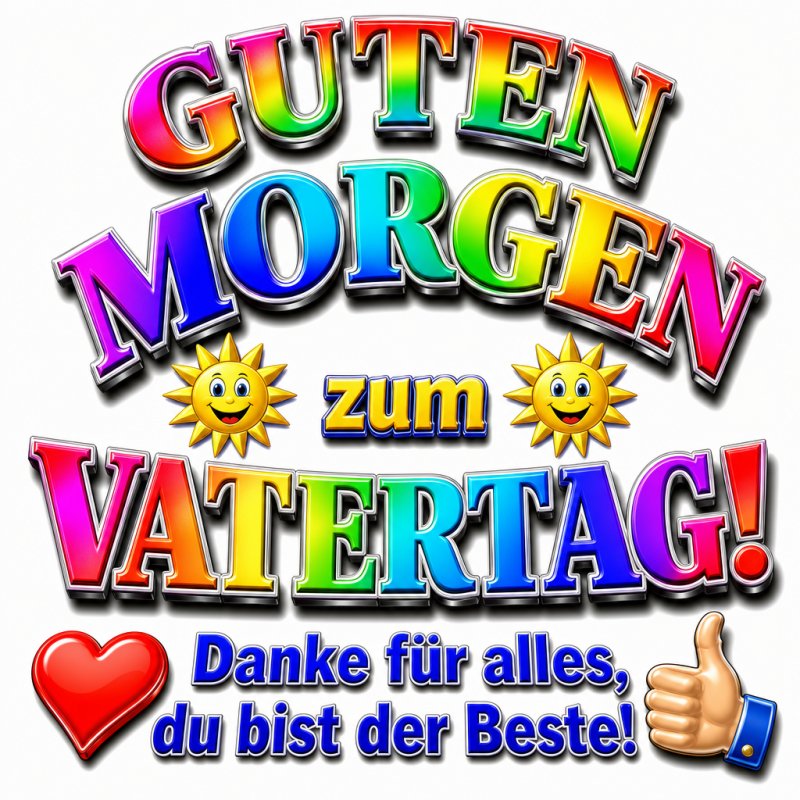 Bunter Guten-Morgen-Gruß zum Vatertag mit Regenbogen-Schrift, Sonnen-Symbolen, einem roten Herz und einem Daumen-hoch-Emoji.