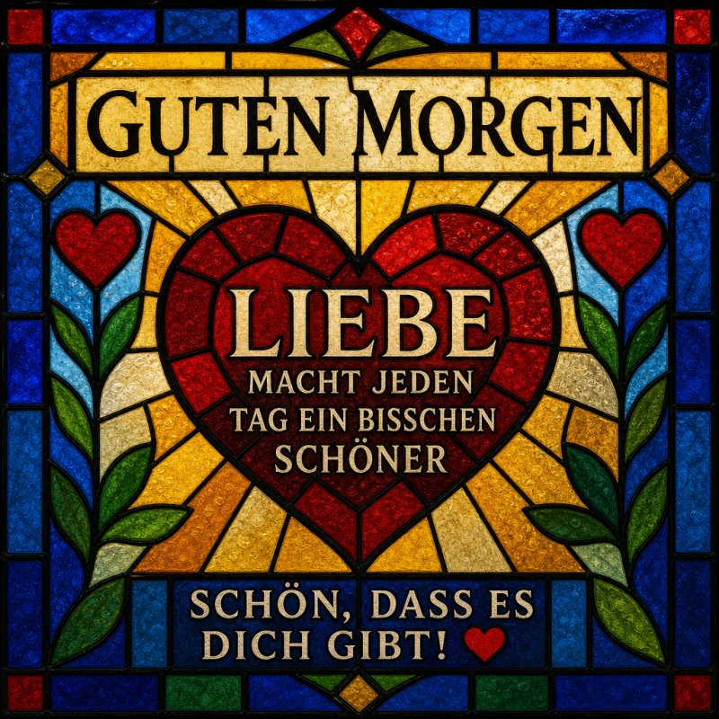Ein farbenfrohes Glasfenster zeigt ein großes rotes Herz mit dem Text 'Liebe macht jeden Tag ein bisschen schöner' als liebevollen Guten-Morgen-Gruß.
