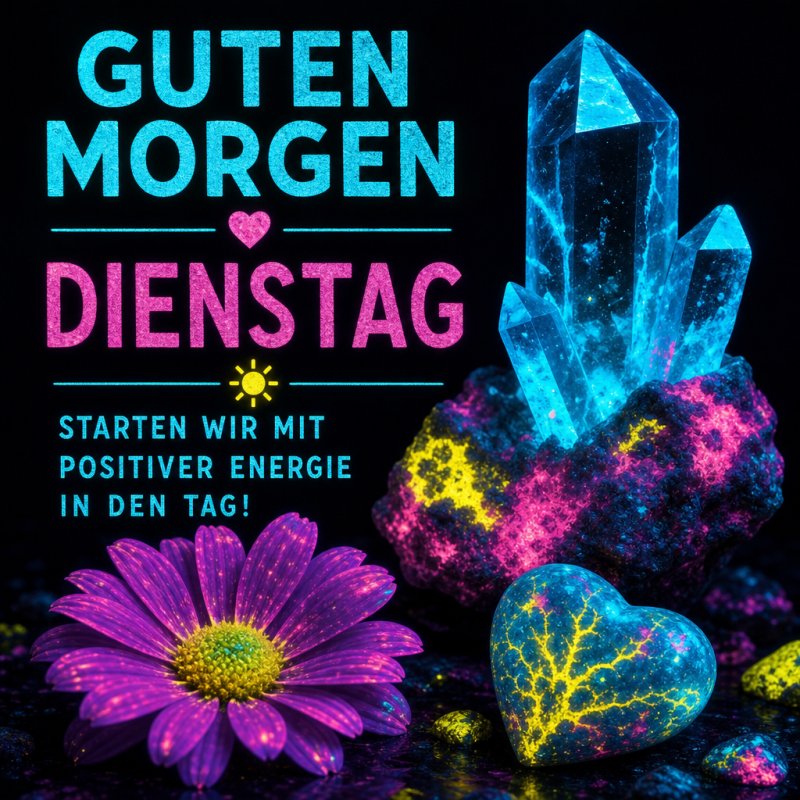 Ein leuchtendes Bild mit blauen Kristallen, einer lilafarbenen Blume und einem Herz aus Energie, das einen positiven Guten-Morgen-Gruß symbolisiert.