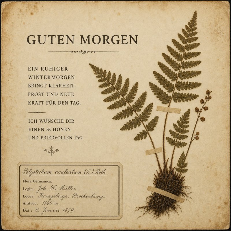 Ein botanisches Vintage-Motiv mit Farnen auf gealtertem Papier illustriert einen Guten-Morgen-Gruß in ruhiger, nostalgischer Winterstimmung.