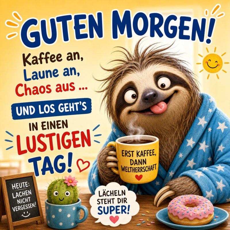 Ein lustiges Faultier im Morgenmantel hält eine Kaffeetasse, während ein Kaktus und ein Sonnen-Symbol den fröhlichen Guten-Morgen-Gruß betonen.