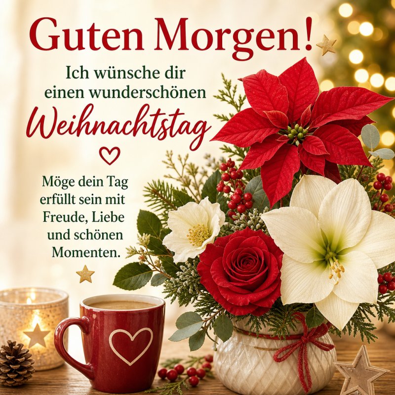 Ein festlicher Blumenstrauß mit roten und weißen Blumen, einer Tasse mit Herzmotiv und einem Guten-Morgen-Gruß für Weihnachten schmücken das Bild.