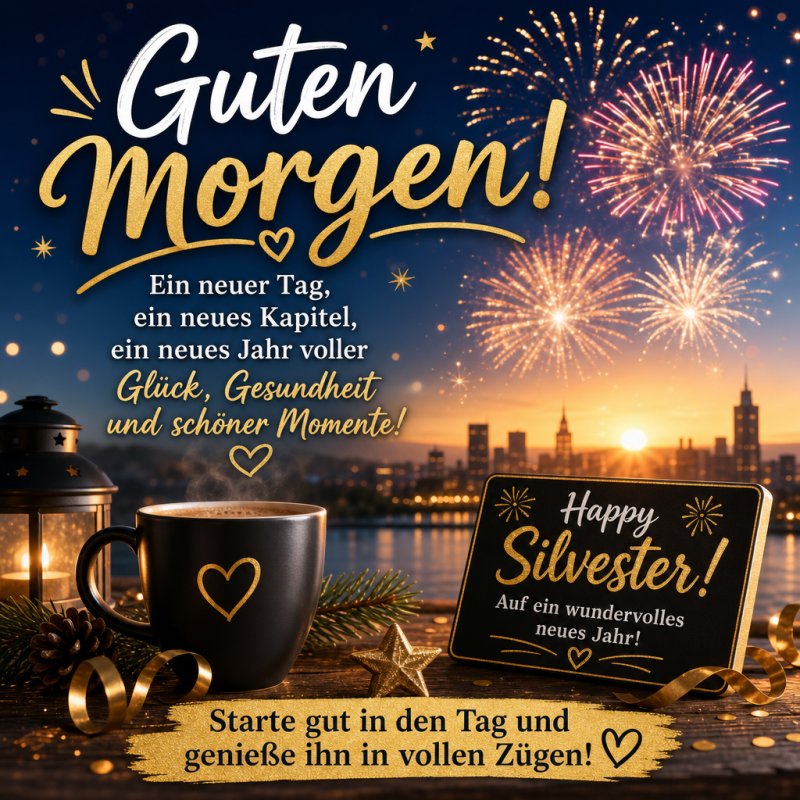 Ein festlicher Guten-Morgen-Gruß mit Kaffeetasse, umgeben von Kerzenlicht und Feuerwerken über einer beleuchteten Stadt zur Silvesternacht.
