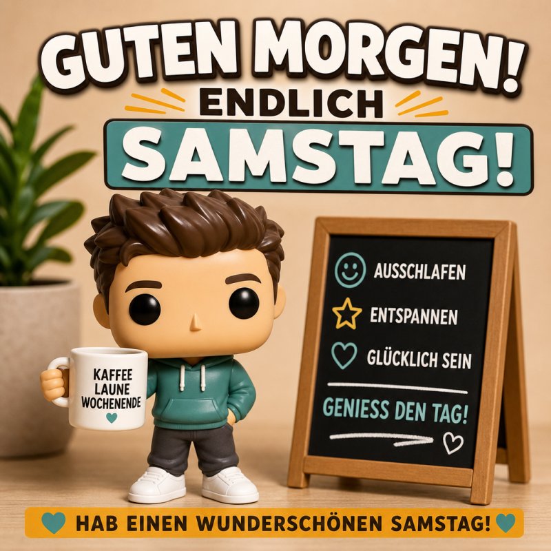 Ein lustige Figur hält eine Tasse vor einer Tafel mit Samstagswünschen, umgeben von lebhaften Farben, vermittelt einen fröhlichen Guten-Morgen-Gruß.