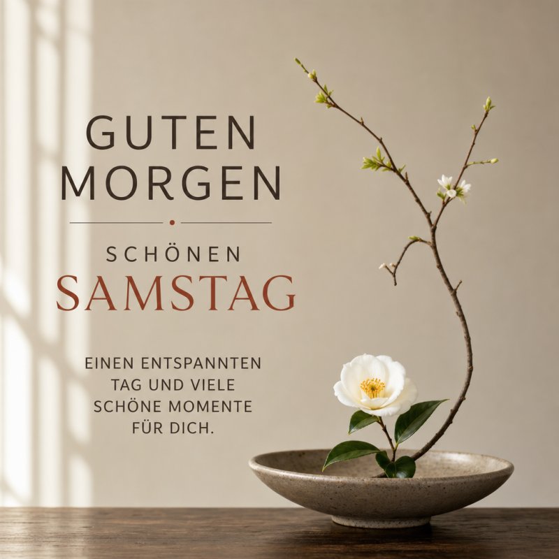 Ein eleganter Blütenzweig in einer Schale, im warmen Licht eines Zimmers, begleitet einen Guten-Morgen-Gruß mit der Aufschrift: Schönen Samstag.