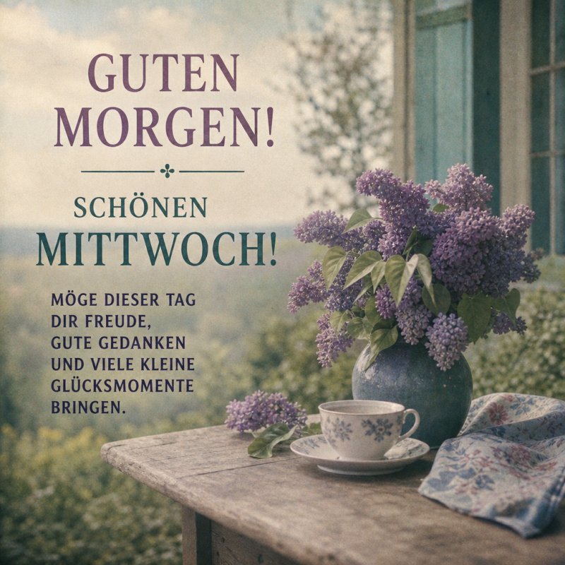Ein Strauß Flieder steht in einer Vase auf einem Holztisch neben einer Tasse, passend zu einem nostalgischen Guten-Morgen-Gruß für Mittwoch.