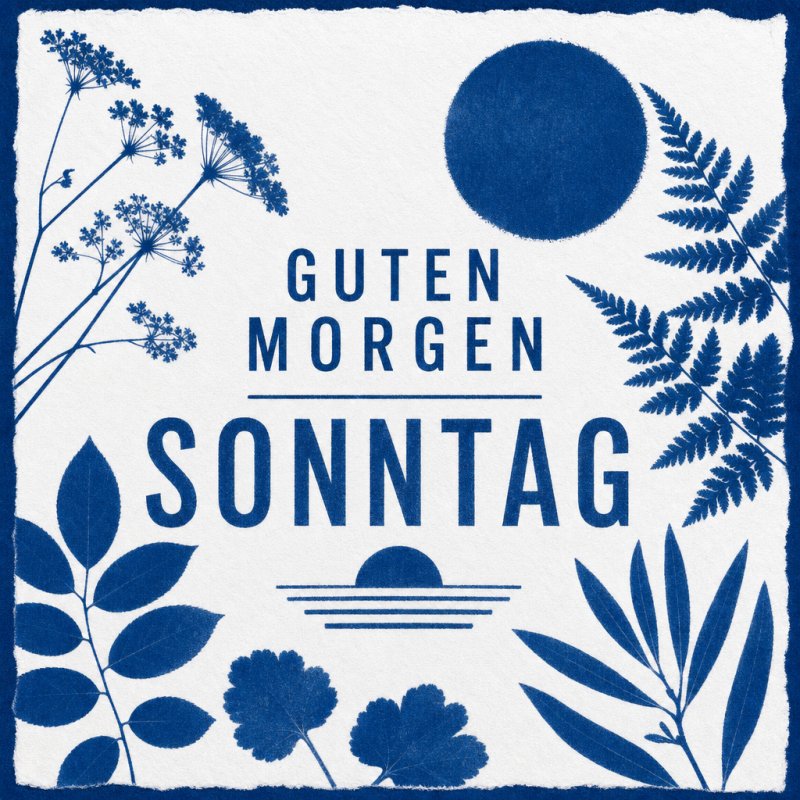Ein stilvoller Guten-Morgen-Gruß mit blauen Blumen und Farnen umrahmt die Worte 'Sonntag', darunter ein Sonnenaufgang, alles in einem eleganten Design.