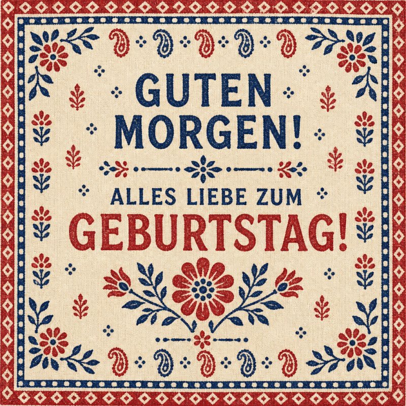 Ein stilvoller Geburtstags-Gruß mit Blumenmustern auf beigem Hintergrund und dem Text 'Guten Morgen! Alles Liebe zum Geburtstag!' im Landhausstil.
