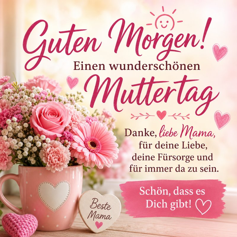 Eine liebevolle "Guten Morgen"-Karte zum Muttertag zeigt einen Blumenstrauß mit rosa Rosen und Herzmotiven in einer Tasse mit der Aufschrift "Beste Mama".