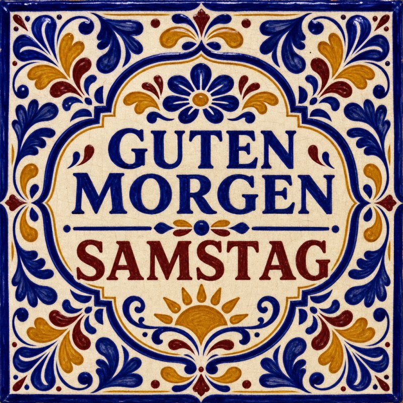 Ein farbenfrohes, florales Design umrahmt den Text 'Guten Morgen Samstag' auf einer Grußkarte, die einen fröhlichen Guten-Morgen-Gruß vermittelt.