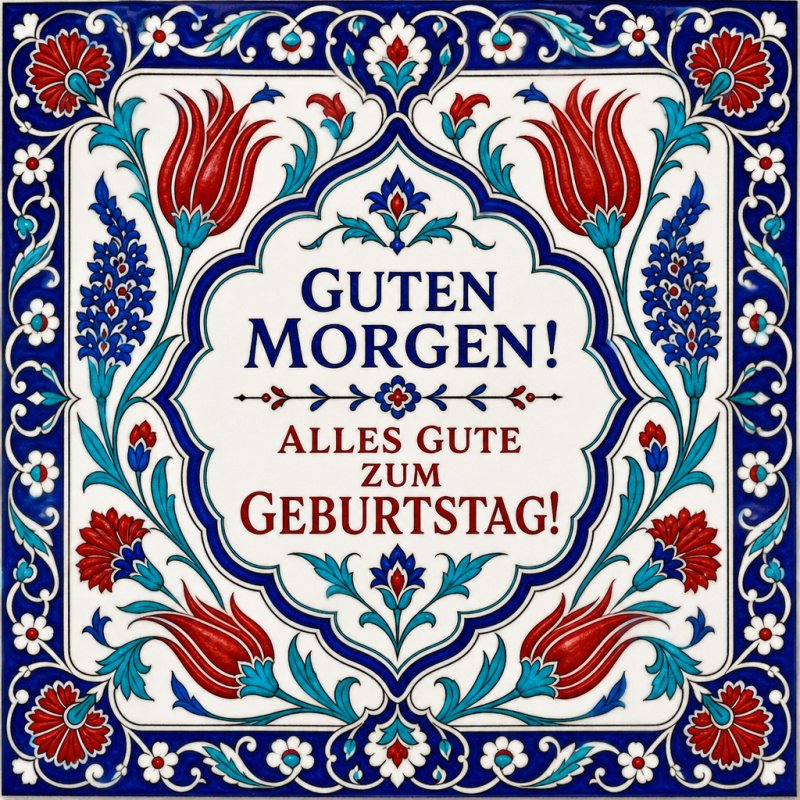 Eine kunstvolle Grußkarte im Jugendstil mit floralen Mustern und der Aufschrift 'Guten Morgen! Alles Gute zum Geburtstag!' in Blau und Rot.
