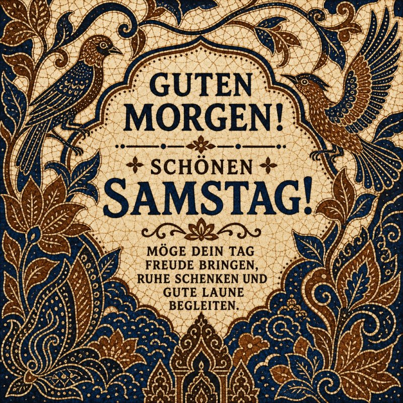 Ein kunstvolles, florales Mosaik mit zwei Vögeln und einem Guten-Morgen-Gruß für Samstag in warmen Brauntönen und blauen Akzenten, das Freude und Ruhe vermittelt.