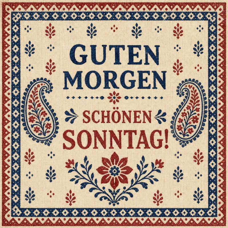 Ein traditioneller Guten-Morgen-Gruß mit folkloristischen Mustern in Rot und Blau auf beigem Hintergrund, der einen schönen Sonntag wünscht.