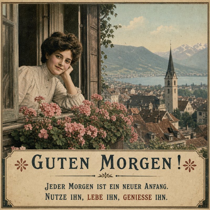 Eine Frau lehnt an einem Fenster mit rosa Geranien und blickt auf eine malerische Stadt mit Alpenhintergrund; ein ruhiger Guten-Morgen-Gruß.