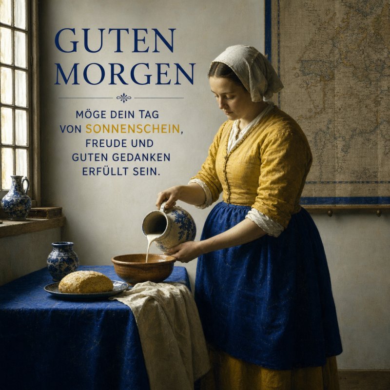 Eine Frau in historischer Kleidung gießt Milch in eine Schüssel auf einem gedeckten Tisch in einem gemütlichen Raum mit Landkarte, begleitet von einem Guten-Morgen-Gruß.