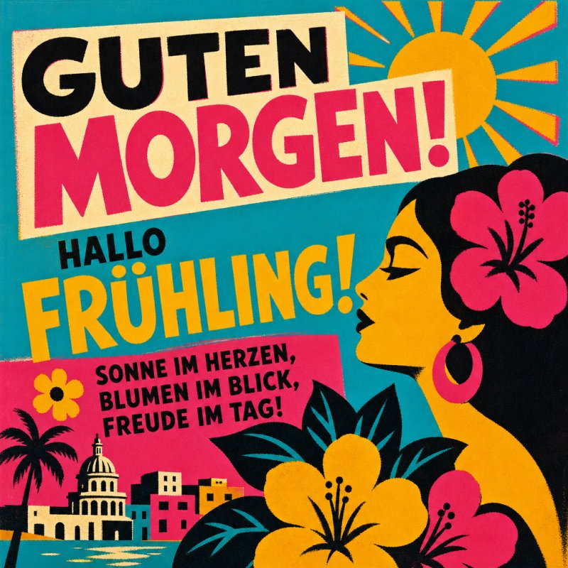 Ein bunter Guten-Morgen-Gruß zeigt eine stilisierte Frau mit Blumen im Haar vor einer sonnigen tropischen Kulisse und farbenfrohen Häusern.