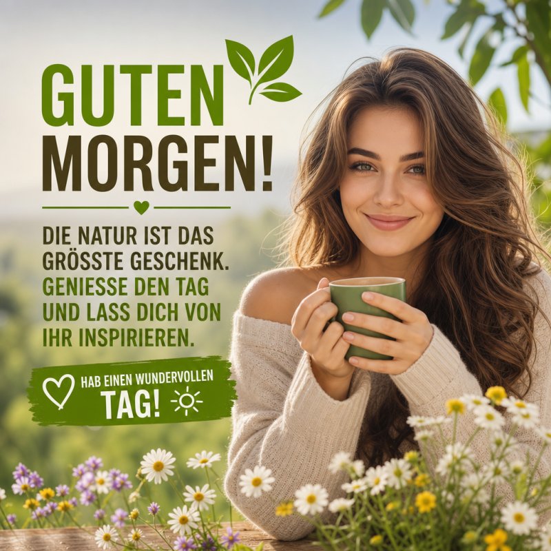 Eine lächelnde Frau hält eine Tasse Kaffee im Garten, umgeben von Blumen, als Teil eines naturverbundenen Guten-Morgen-Grußes.