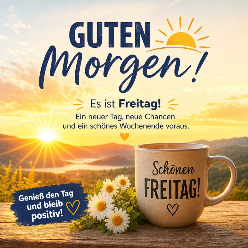 Ein Guten-Morgen-Gruß mit einer Tasse Kaffee und weißen Blumen vor einer landschaftlichen Kulisse mit See und Sonnenaufgang.