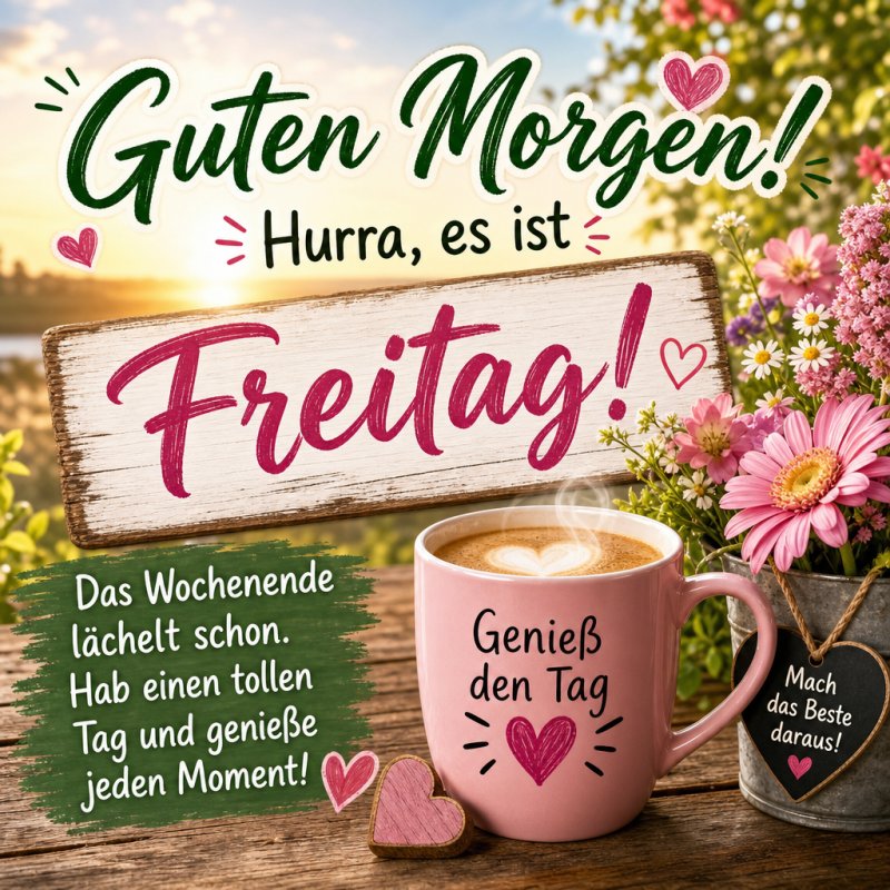 Eine rosa Tasse Kaffee steht neben Blumen in einer sonnigen Landschaft mit dem Schriftzug 'Hurra, es ist Freitag' für einen fröhlichen Guten-Morgen-Gruß.