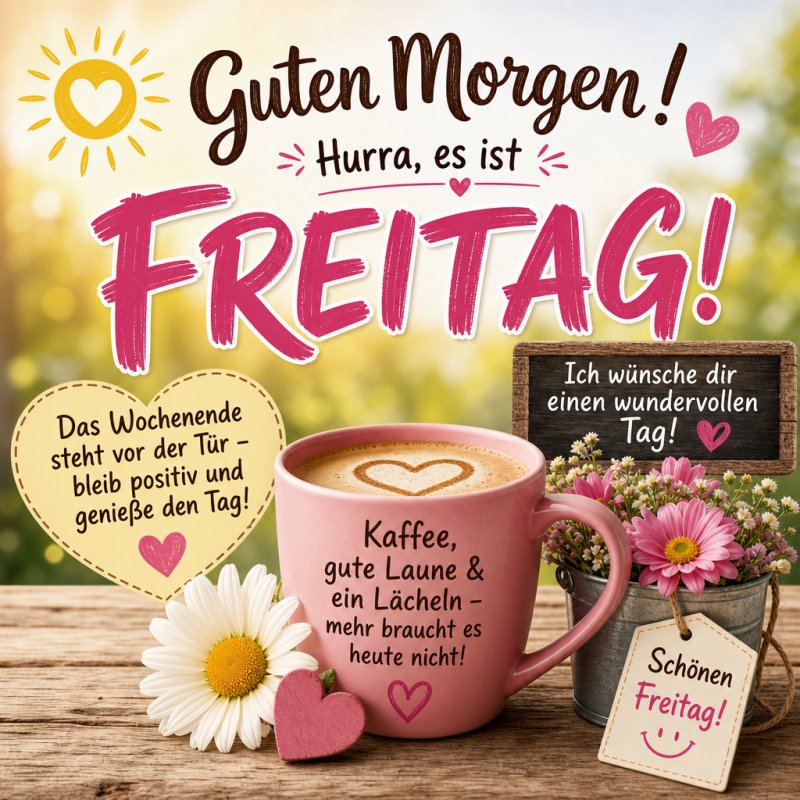 Ein fröhlicher Guten-Morgen-Gruß mit einem rosa Kaffeebecher und Blumen, der den Freitag feiert und positive Stimmung verbreitet.