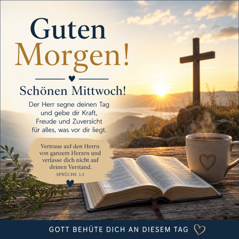 Ein offenes Buch liegt auf einem Tisch mit Kreuz und Tasse vor einem idyllischen Seehintergrund, begleitet von einem "Guten Morgen" Gruß für Mittwoch.