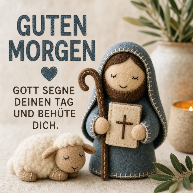 Eine Stofffigur eines Schäfers mit Hirtenstab und ein schlafendes Schaf vermitteln einen friedlichen Guten-Morgen-Gruß mit religiösem Flair.