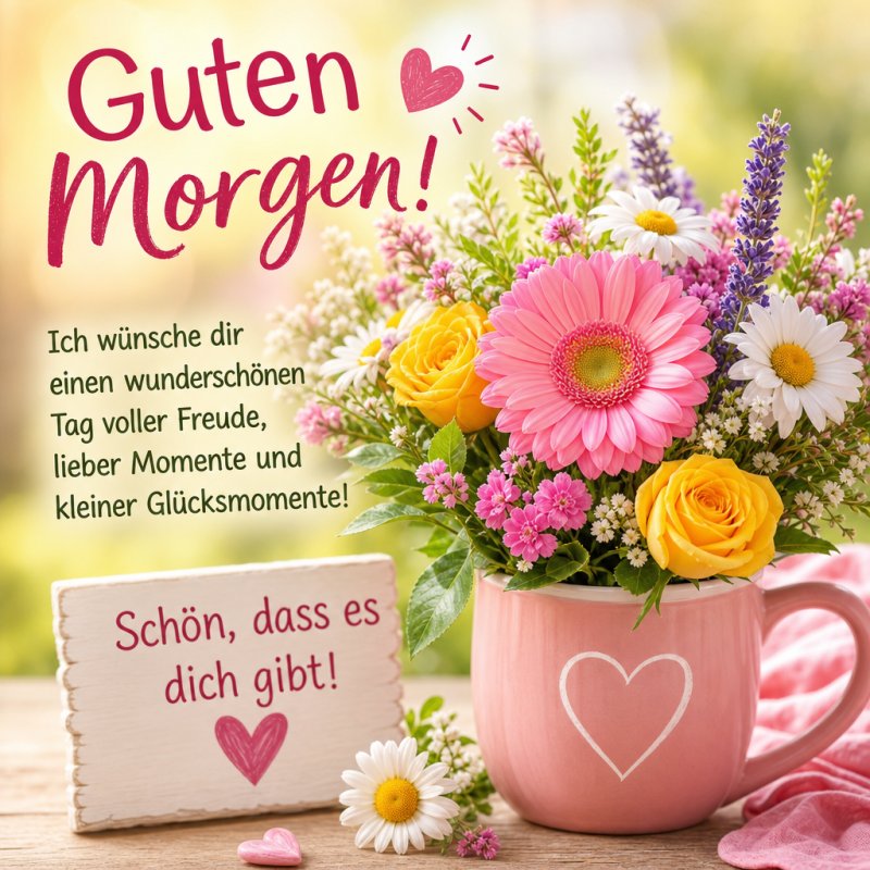 Ein bunter Blumenstrauß mit Rosen und Gerbera in einer rosa Tasse sorgt für einen fröhlichen Guten-Morgen-Gruß, begleitet von einer herzerwärmenden Nachricht.