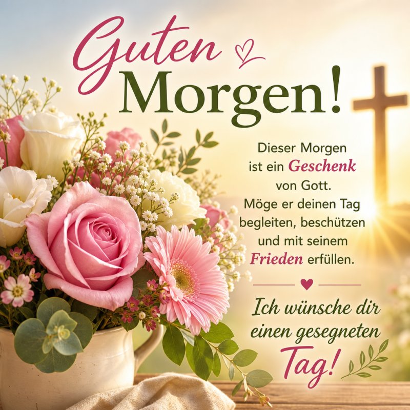 Ein blühendes Blumenarrangement mit einem Kreuz im Hintergrund vermittelt einen friedlichen Guten-Morgen-Gruß an einem sonnigen Tag.