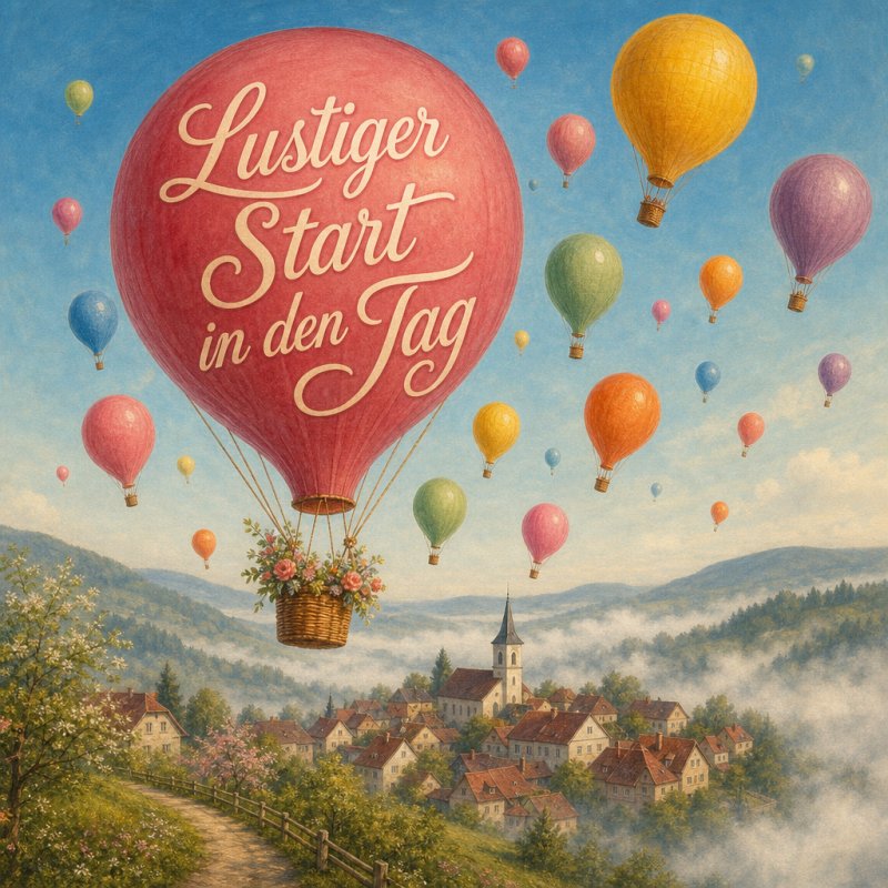 Guten-Morgen-Gruß auf einem handkolorierten Vintage-Postkartenbild: Leuchtend bunte Ballons steigen in den klaren Morgenhimmel über einem stillen Dorf.
