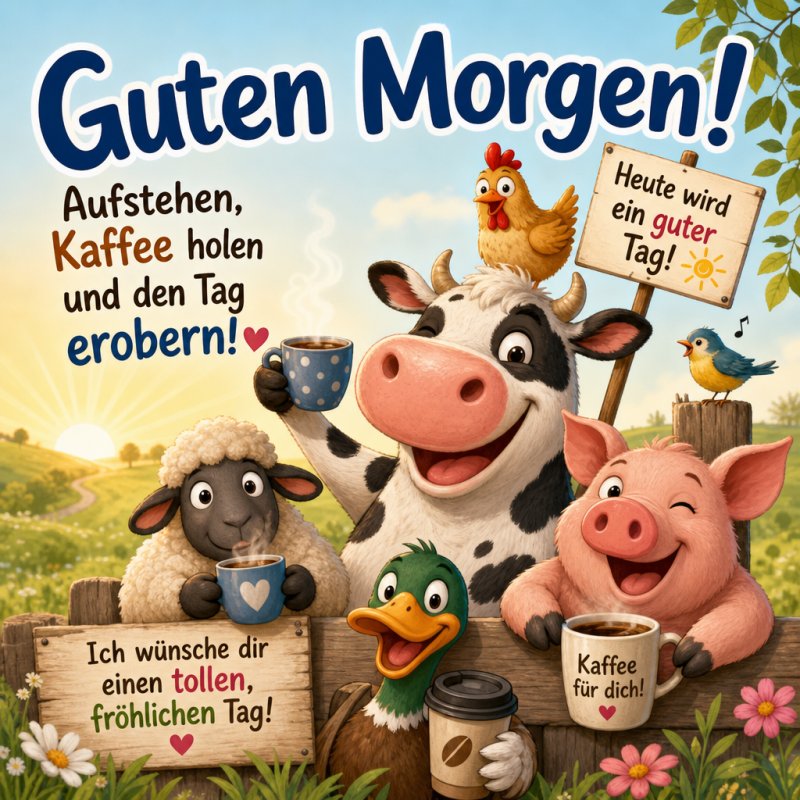 Eine fröhliche Kuh, ein Schaf, eine Ente und ein Ferkel halten Kaffee in einer Guten-Morgen-Gruß Karte mit lebhafter Bauernhofszene.