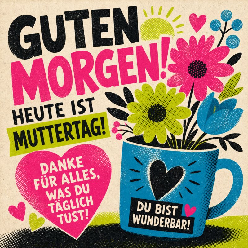 Lebhaftes Retro-Design mit bunten Blumen in einer blauen Tasse und Herzen sowie der Aufschrift eines Guten-Morgen-Grußes zum Muttertag.