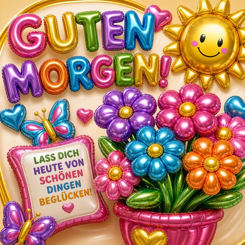 Ein bunter Guten-Morgen-Gruß mit schillernden Blumenballons und einer lächelnden Sonnenballon in fröhlichen Farben vermittelt gute Laune.