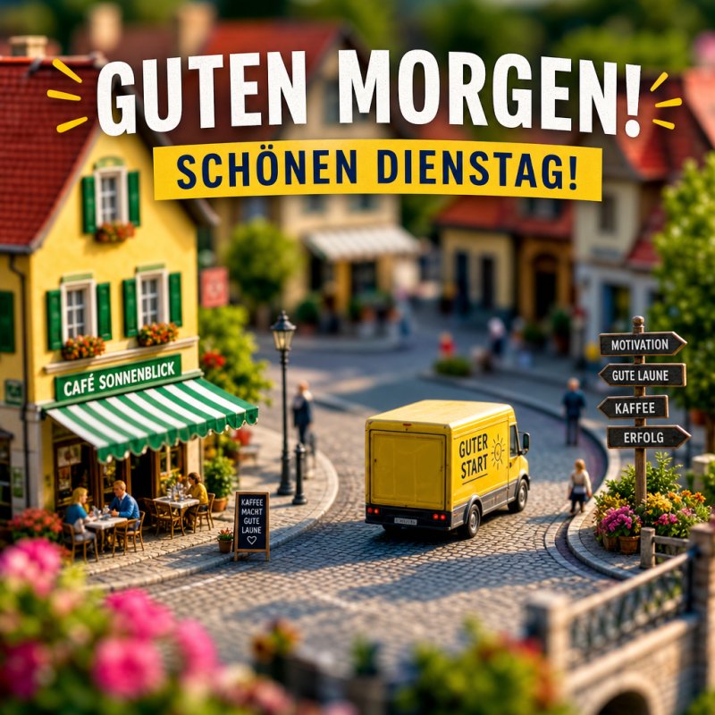 Ein gelber Lieferwagen fährt auf einer idyllischen Kopfsteinpflasterstraße entlang, vorbei an einem Café und farbenfrohen Häusern, begleitet von einem Guten-Morgen-Gruß.