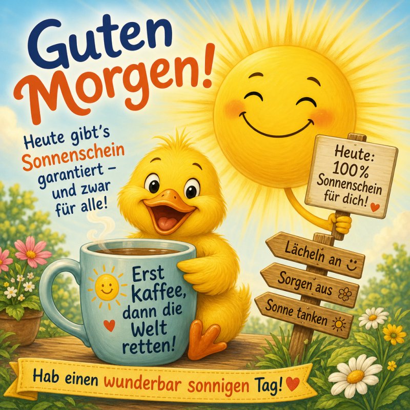 Eine fröhliche Ente hält eine Tasse Kaffee vor einem strahlenden Sonnenmotiv mit Blumen, umrahmt vom Text "Guten Morgen" als herzerwärmender Gruß.