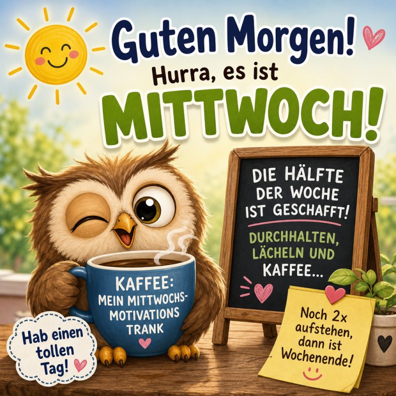 Eine fröhliche Eule hält eine Kaffeetasse mit der Aufschrift 'Kaffee: Mein Mittwochs-Motivationstrank' als Teil eines fröhlichen Guten-Morgen-Grußes.
