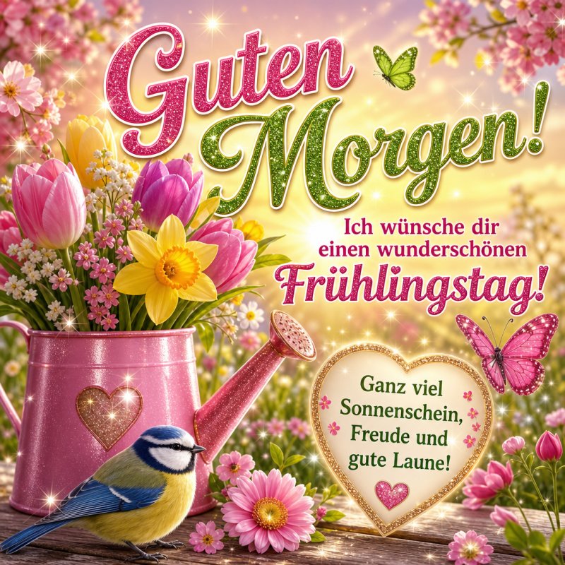 Ein bunter Guten-Morgen-Gruß mit rosa Gießkanne und bunten Frühlingsblumen, umgeben von Schmetterlingen und einer Meise, verbreitet Freude.