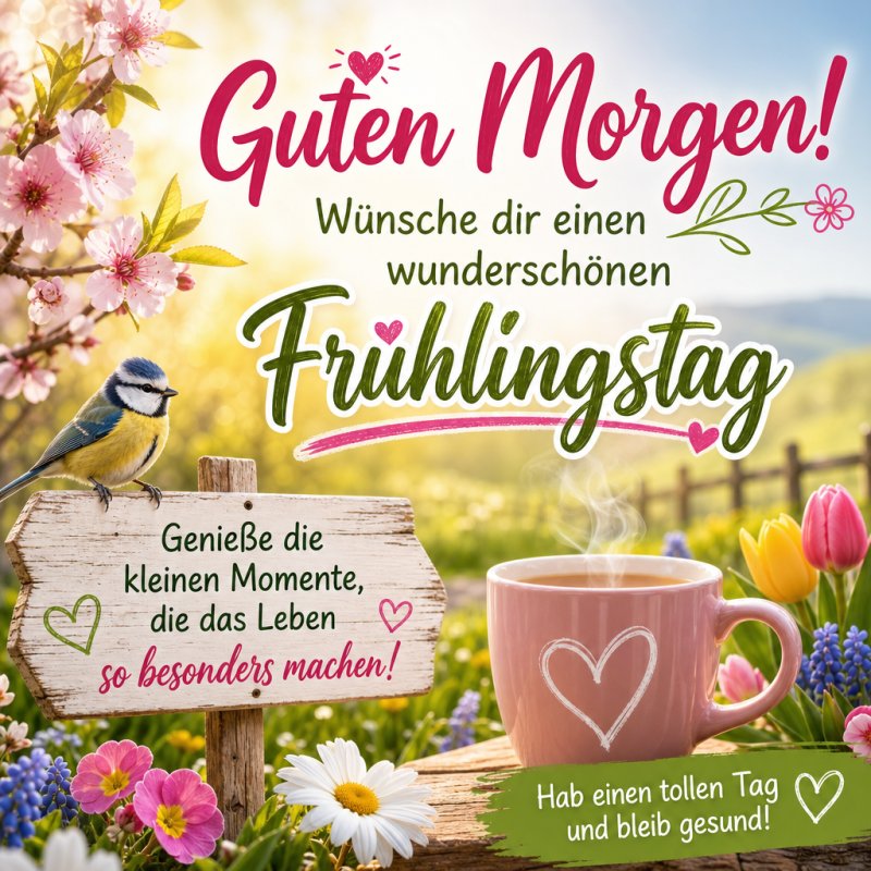 Ein bunter Guten-Morgen-Gruß mit einer Tasse Kaffee, umgeben von Frühlingsblumen und einem Vogel auf einem Ast unter einem blauen Himmel.
