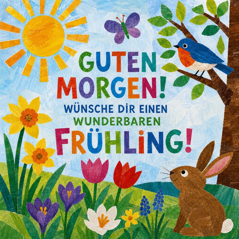 Ein bunter Guten-Morgen-Gruß zeigt eine sonnige Frühlingslandschaft mit Blumen, einem Vogel, einem Schmetterling und einem Hasen vor einem blauen Himmel.