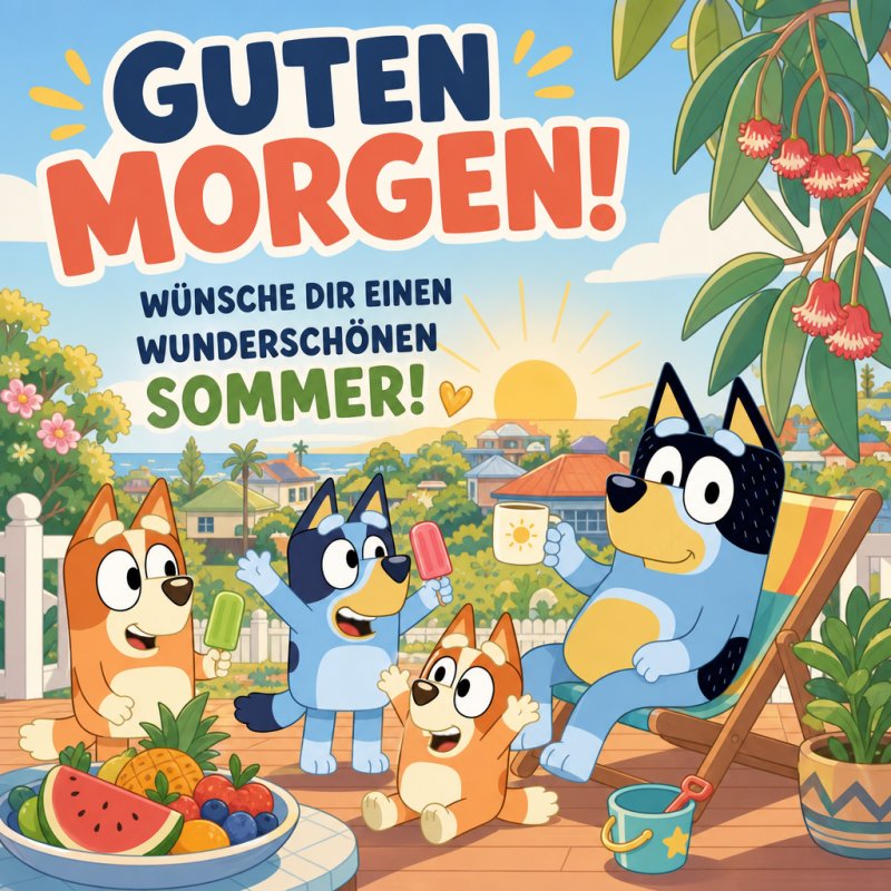 Eine fröhliche Familie mit Eis und Getränken auf einer Terrasse genießt einen sonnigen Morgen und sendet einen Guten-Morgen-Gruß im Sommer.