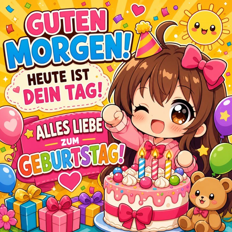 Ein fröhliches Cartoon-Mädchen mit Partyhut lächelt neben einem Geburtstagskuchen mit Kerzen, umgeben von Geschenken und einem Guten-Morgen-Gruß.