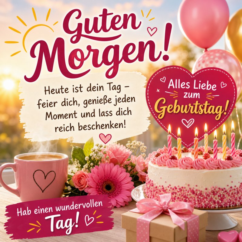 Ein fröhlicher Guten-Morgen-Gruß mit Kaffeetasse, Blumenstrauß und Geburtstagskuchen mit Kerzen und Luftballons vor einem sonnigen Hinterhof.
